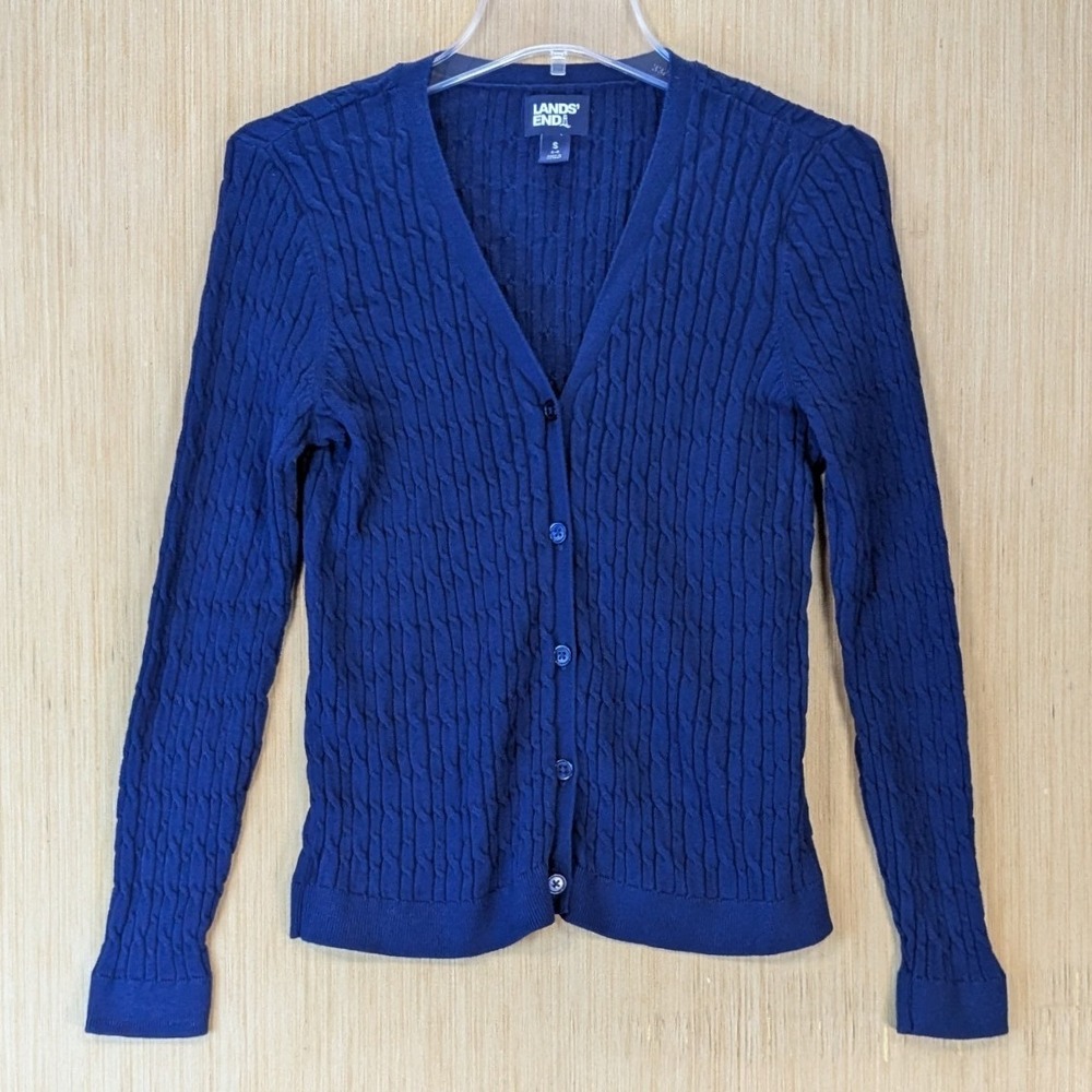 Lands End Womens Preppy Blue Cable Knit Cotton V-Neck Cardigan Sweater Small